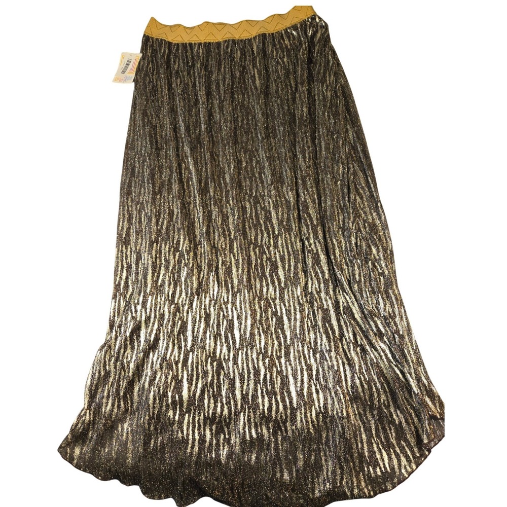 LuLaRoe Lucy Maxi Skirt Womens 2XL Gold Black Metallic Pleated Elastic Waist NEW
